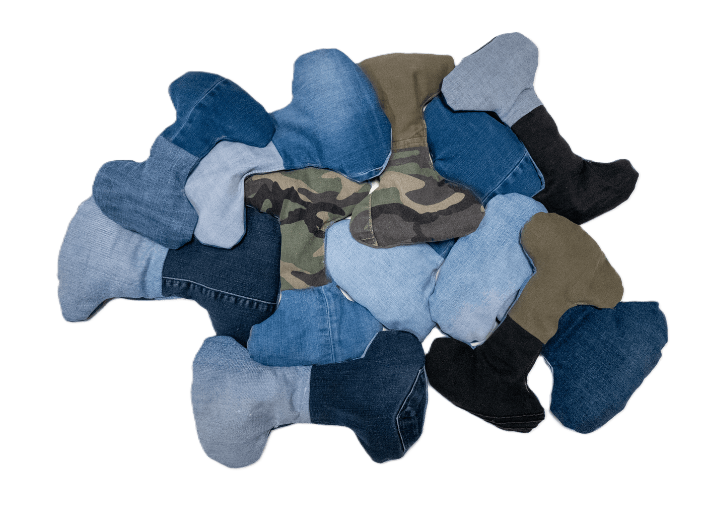 Assorted denim bone dog toys
